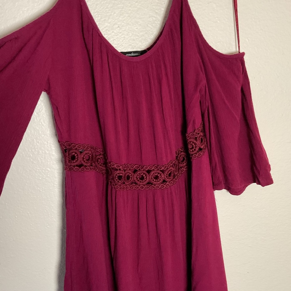 💎BURGUNDY/PLUM 3/4 SLEEVE CROCHET COLD SHOULDER DRESS - Picture 5 of 8